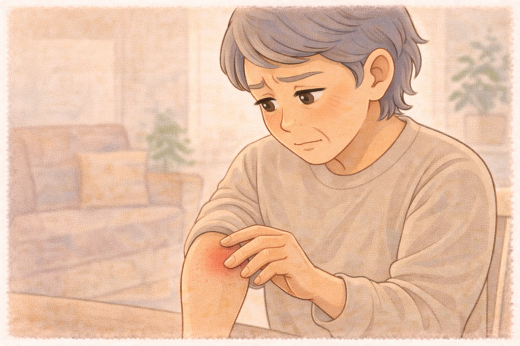 70代の高齢者が家で腕の虫刺されの赤みを手で触りながら気にしている様子のアップイラスト