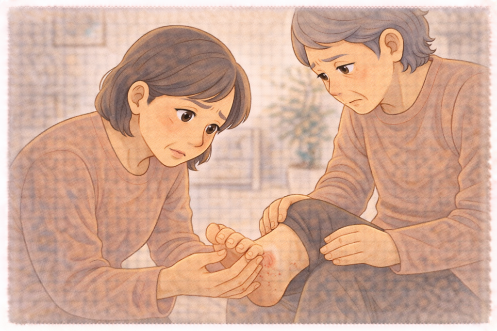 50代の家族が70代の高齢者の足元の変化を心配そうに確認し受診を検討している様子のアップイラスト