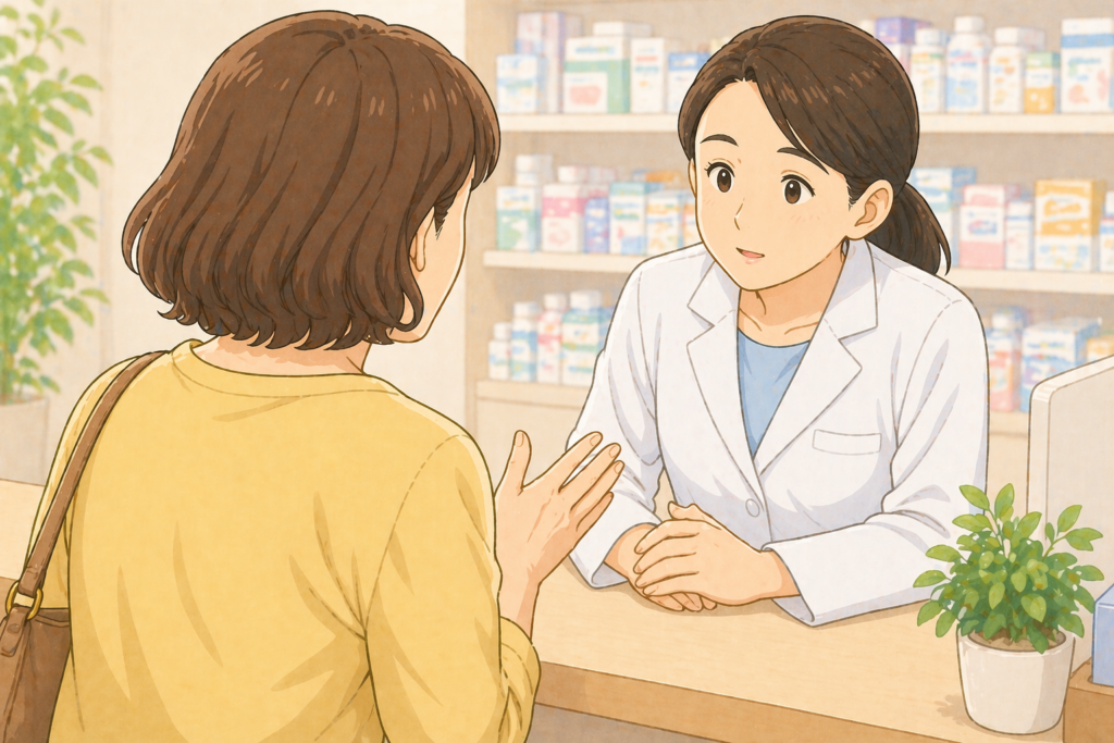 50代の家族の背後から白衣の薬剤師が親の糖尿病とあせもの症状について真剣に話を聞きながら受診が必要か判断している様子のイラスト