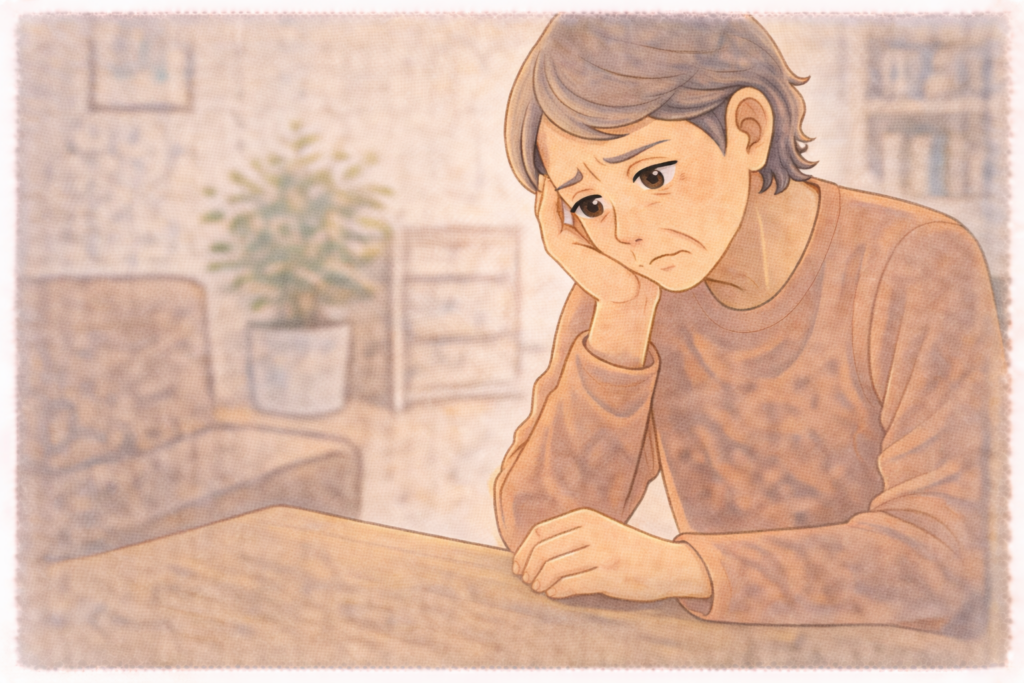 70代の高齢者が家の机で頬杖をつきながら長期間治らない悩みをどうしたものかと困り果てている様子のイラスト