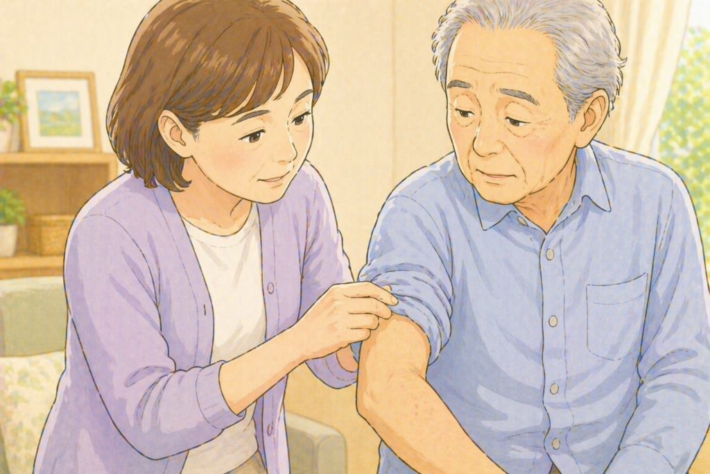 50代の家族が70代の高齢者の袖をめくり湿布を貼っていた部位を外出前に確認している様子のアップイラスト