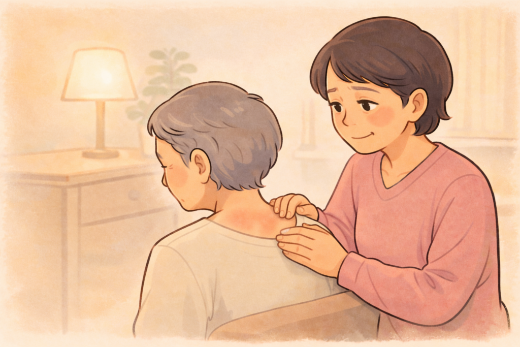 50代の娘が70代の母親の背中に塗り薬を塗ってあげあげようとしている様子のイラスト