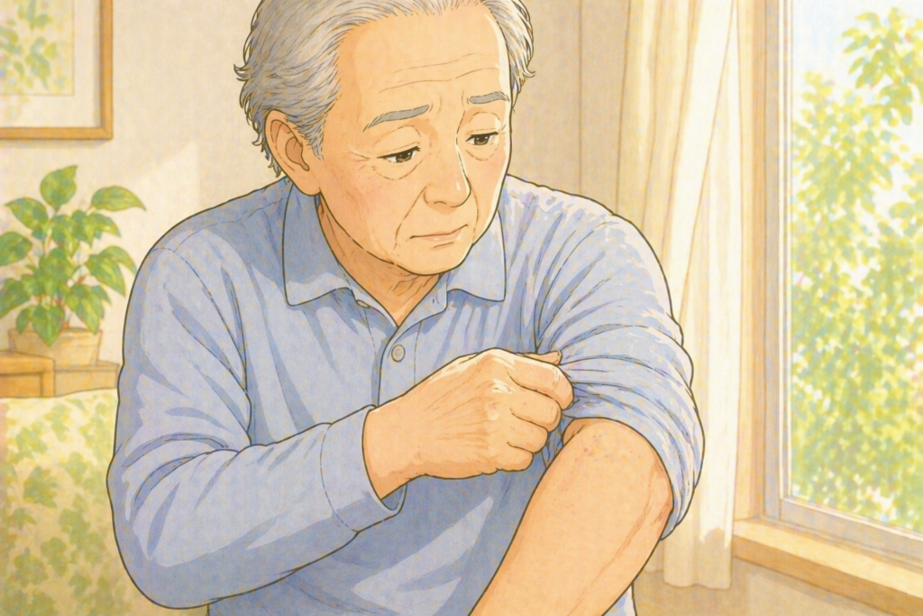 70代の高齢者が室内で湿布を貼っていた腕を袖で日光から遮るよう注意深く覆っている様子のアップイラスト