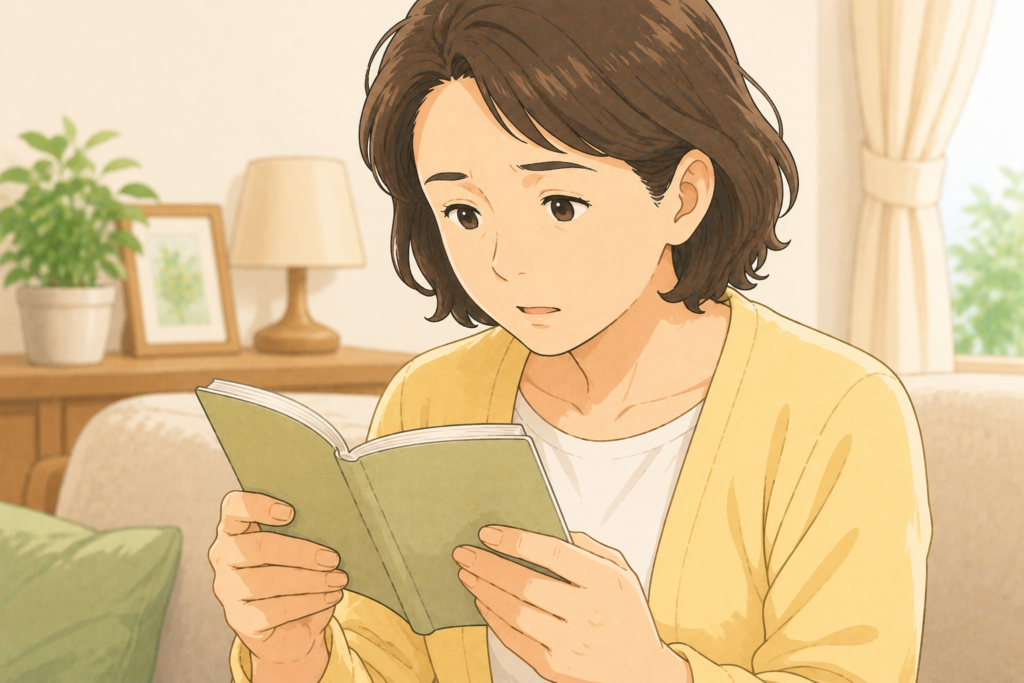 50代の家族が高齢の親の頭痛薬を選ぶ前にお薬手帳を両手で開いて服薬内容を確認している様子のアップイラスト