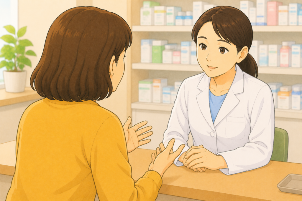50代の家族の背後から白衣の薬剤師が高齢の親のめまいの状況と服薬内容を聞きながら受診が必要か市販薬で対応できるかを慎重に判断している様子のイラスト