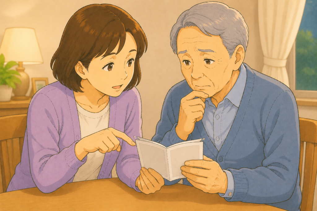 50代の家族が70代の高齢者のお薬手帳を開いて眠れない原因になっている薬がないか確認している様子のアップイラスト