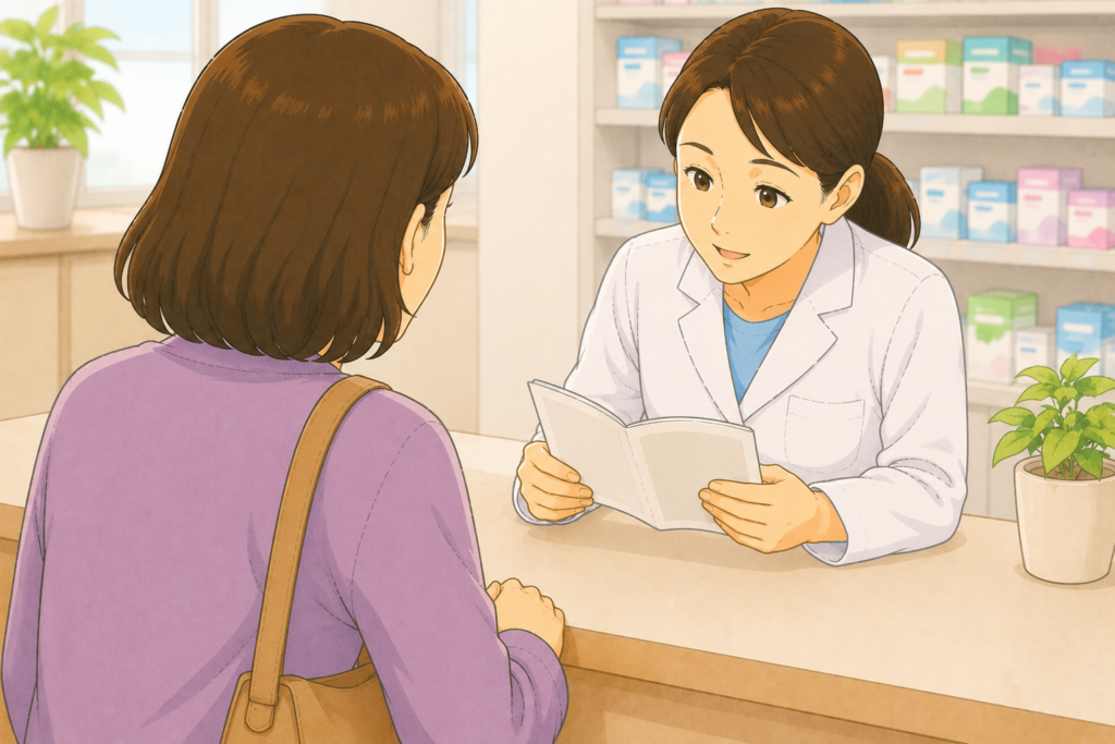 50代の女性の背後から白衣の薬剤師がお薬手帳を確認しながら腎臓が悪い高齢の親に合った便秘薬の選び方と使用上の注意点を説明している様子のイラスト