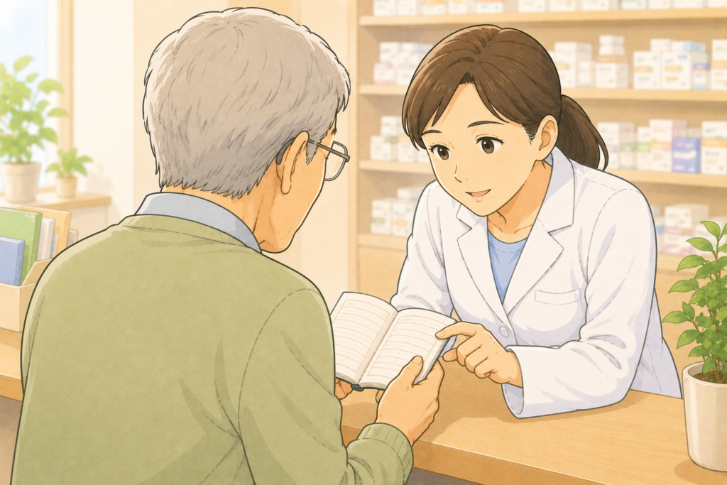70代の高齢者の背後から白衣の薬剤師がお薬手帳を確認しながら腎機能と血液をサラサラにする薬に合った頭痛薬を選ぶ相談に応じている様子のイラスト