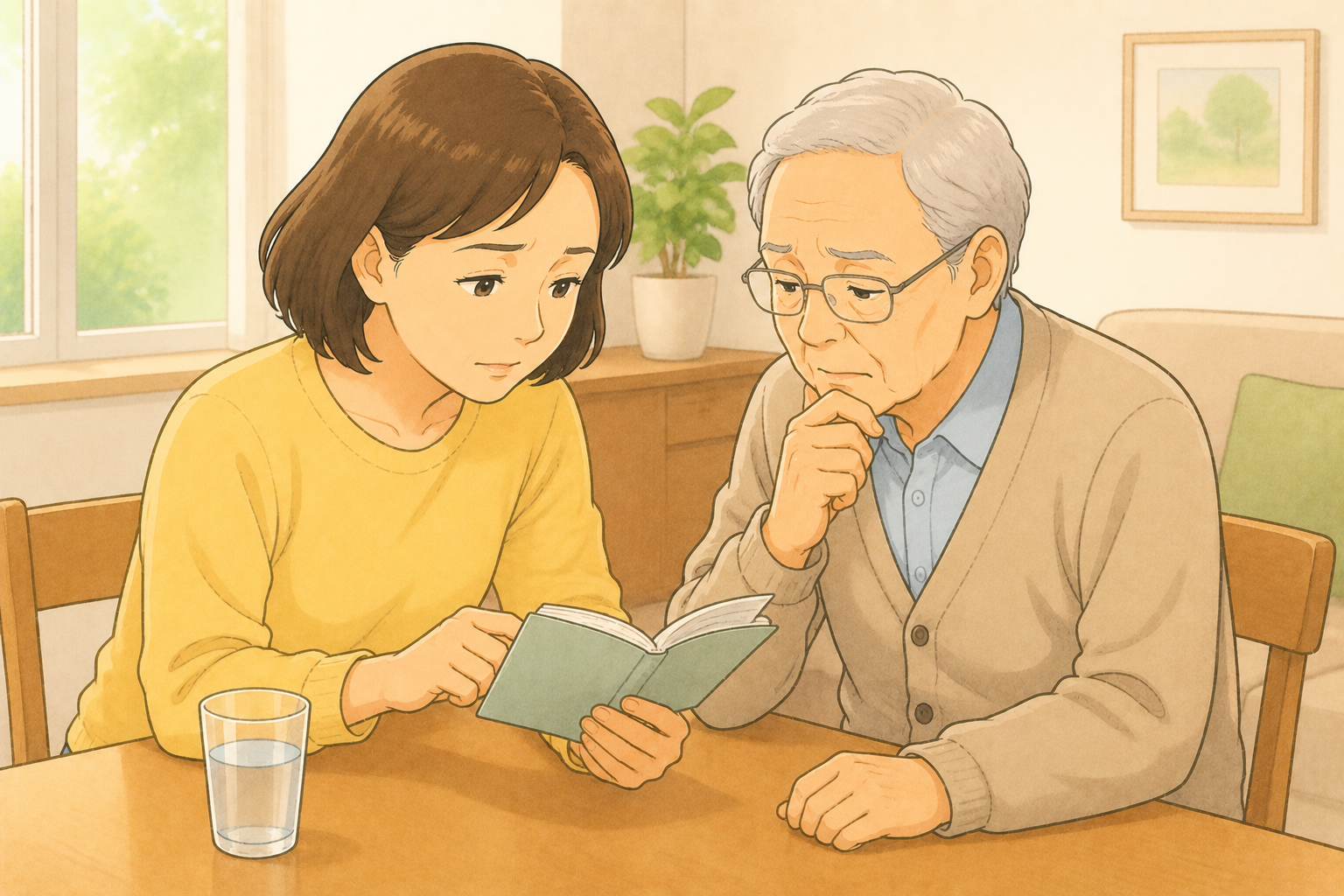 50代の家族が腎臓病の持病がある70代の高齢者のお薬手帳を確認しながら下痢中の水分補給の量と内容を判断しようとしている様子のイラスト