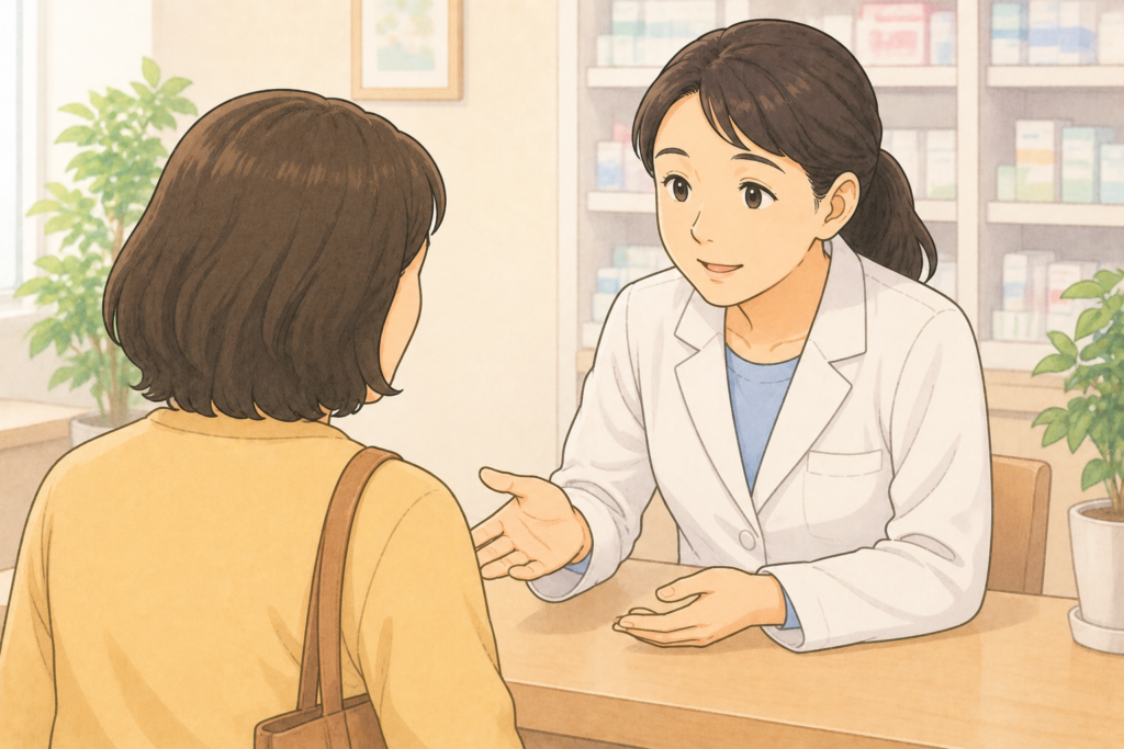 50代の家族の背後から白衣の薬剤師が高齢の親の下痢症状が受診が必要かどうかを真剣に確認している様子のイラスト
