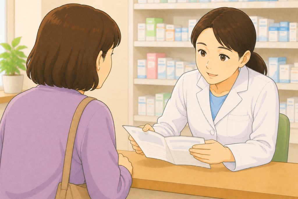 50代の女性の背後から白衣の薬剤師がお薬手帳を確認しながら腎臓が悪い高齢の親の便秘薬の選び方と高マグネシウム血症のリスクについて説明している様子のイラスト