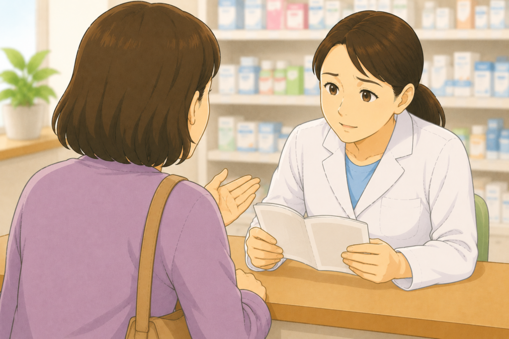 50代の家族の背後から白衣の薬剤師がお薬手帳を確認しながら腎臓病がある高齢の親が酸化マグネシウムを長期使用し続けても安全かを慎重に判断している様子のイラスト