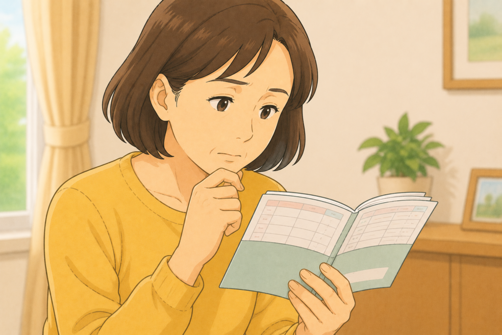 50代の家族がお薬手帳を開いて立ちくらみの原因になっている可能性がある薬がないか確認し自己判断で中止せず薬剤師に相談しようとしている様子のアップイラスト
