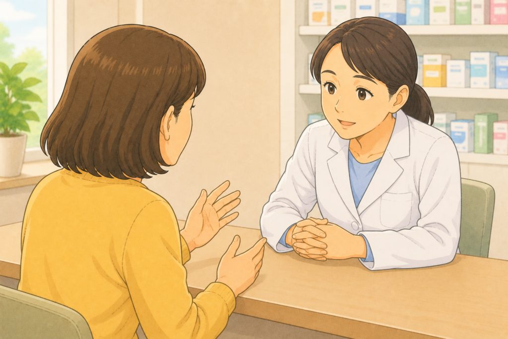 50代の家族の背後から白衣の薬剤師が高齢の親のめまい症状と服薬内容を聞きながら市販薬で対応できるか受診が必要かを判断している様子のイラスト