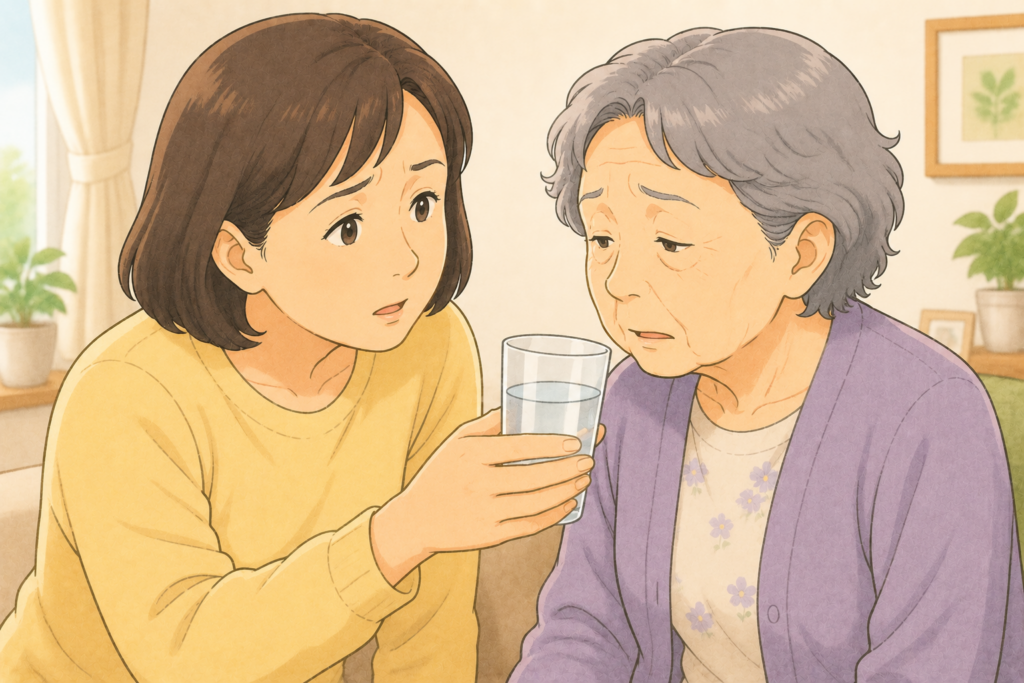 50代の家族が70代の高齢者に水を差し出しながら水分が取れているか脱水サインがないかを注意深く確認している様子のアップイラスト
