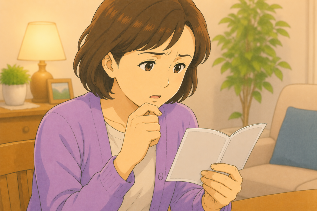 50代の家族が高齢の親の緑内障か前立腺肥大の持病を考えながらお薬手帳を確認して睡眠改善薬を選んでいいか判断している様子のアップイラスト