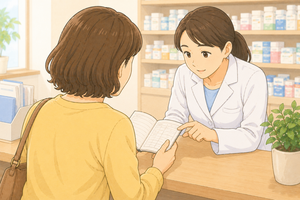 50代の女性の背後から白衣の薬剤師がお薬手帳を確認しながら腎機能が低い高齢の親に合った頭痛薬を一緒に選んでいる様子のイラスト