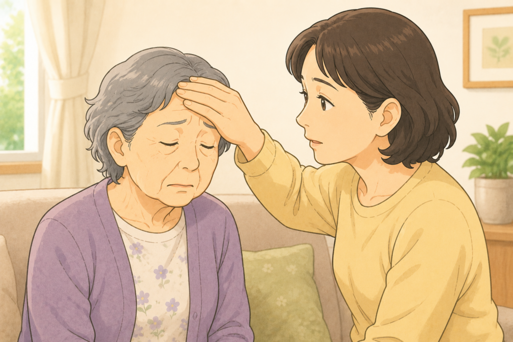 50代の家族が70代の高齢者の額に手を当てて発熱がないか確認し市販薬を使う前に症状を確かめている様子のアップイラスト