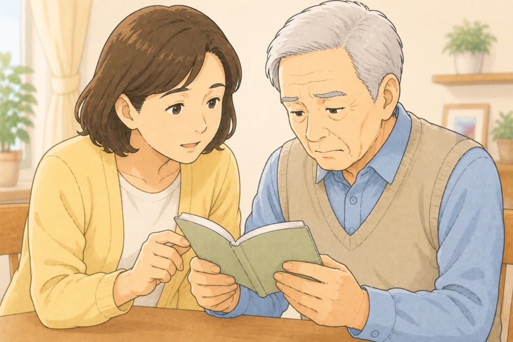 50代の家族が70代の高齢者のお薬手帳を一緒に確認しながら頭痛薬との飲み合わせを確認している様子のアップイラスト