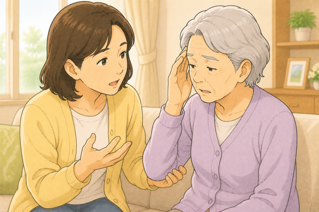 50代の家族が70代の高齢者に頭痛の始まり方や強さがいつもと違うかを丁寧に確認している様子のアップイラスト