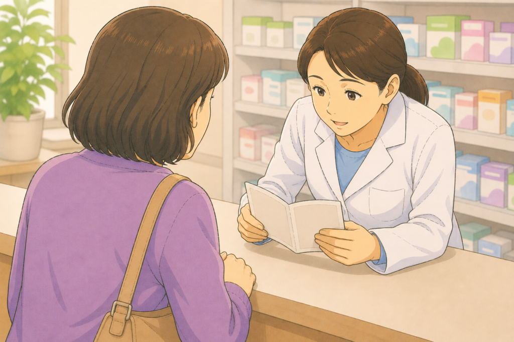 50代の家族の背後から白衣の薬剤師がお薬手帳を確認しながら緑内障や前立腺肥大がある高齢の親に合った睡眠改善薬を慎重に選んでいる様子のイラスト
