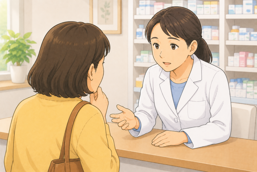 50代の家族の背後から白衣の薬剤師が親の下痢症状と食事・服薬の情報を聞きながら受診が必要か薬剤師相談で対応できるかを判断している様子のイラスト