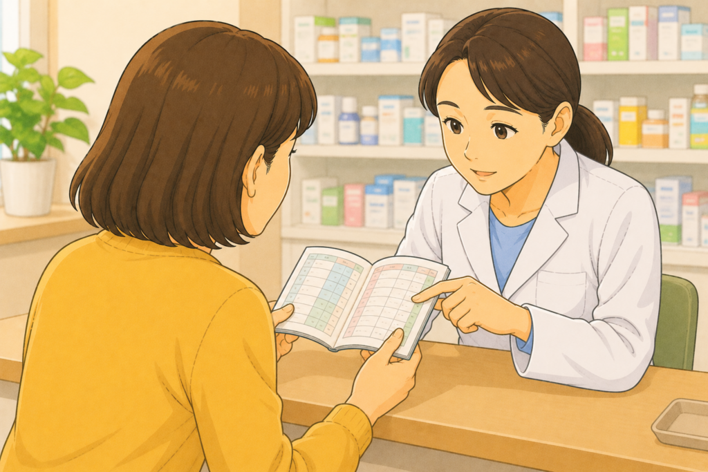 50代の家族の背後から白衣の薬剤師がお薬手帳を確認しながら高齢の親の立ちくらみの原因になっている薬がないかを丁寧に調べている様子のイラスト