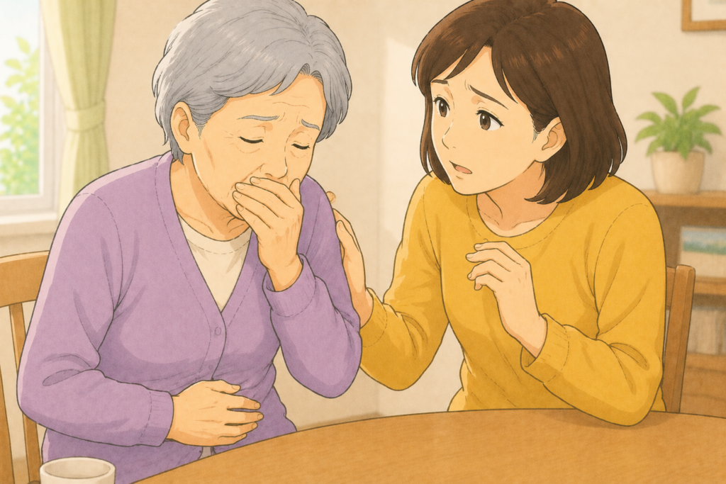 70代の高齢者がお腹に手を当てて体調が悪そうにしており50代の家族が吐き気や脱力など高マグネシウム血症のサインではないかと心配している様子のアップイラスト