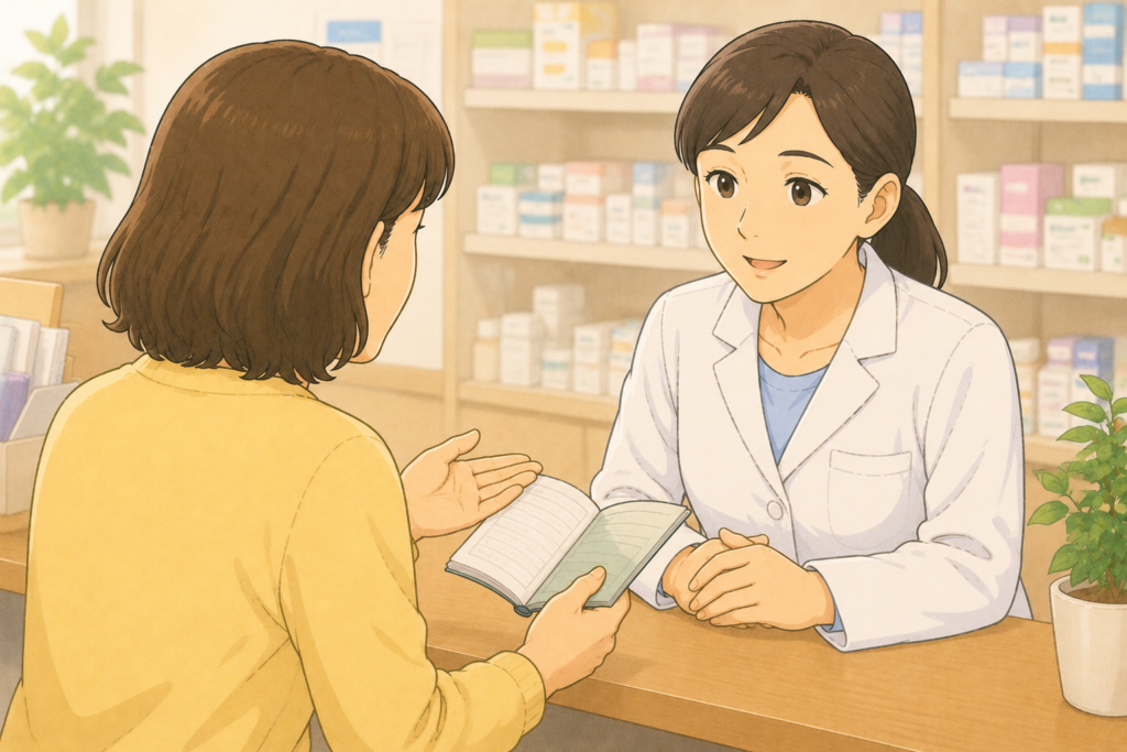 50代の女性の背後から白衣の薬剤師がお薬手帳を受け取りながら親の持病と頭痛の状況を聞いて頭痛薬を一緒に選んでいる様子のイラスト