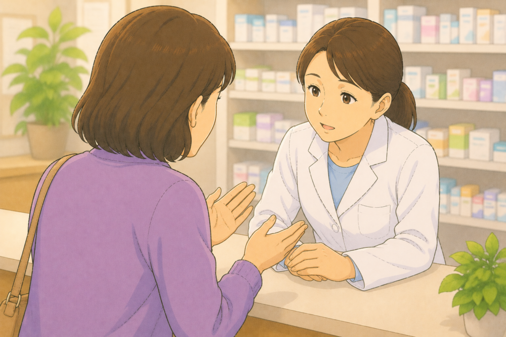 50代の家族の背後から白衣の薬剤師が高齢の親の緑内障と前立腺肥大の状態を聞きながらどの睡眠改善薬が使えるか慎重に判断している様子のイラスト