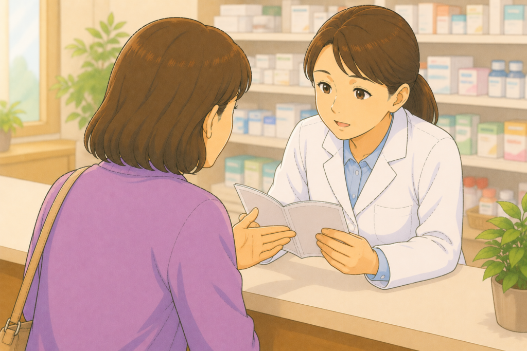 50代の家族の背後から白衣の薬剤師が親の眠れない状況と前立腺肥大などの持病を聞きながら受診が先か市販薬で対応できるか丁寧に判断している様子のイラスト