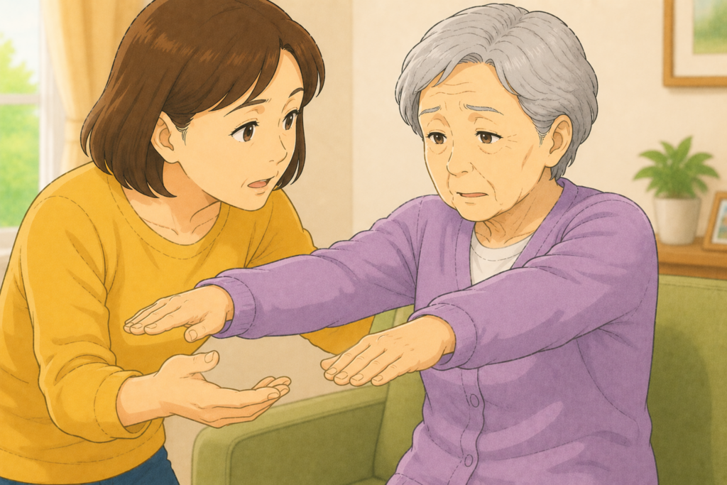 50代の家族が70代の高齢者に両腕を前に出すよう促しFASTの腕の脱力チェックを落ち着いて行っている様子のアップイラスト