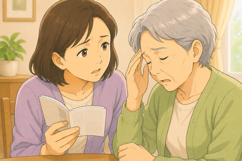 50代の家族がお薬手帳を見ながら高齢者のだるさやめまいが高マグネシウム血症の注意したいサインに当てはまるか確認している様子のアップイラスト