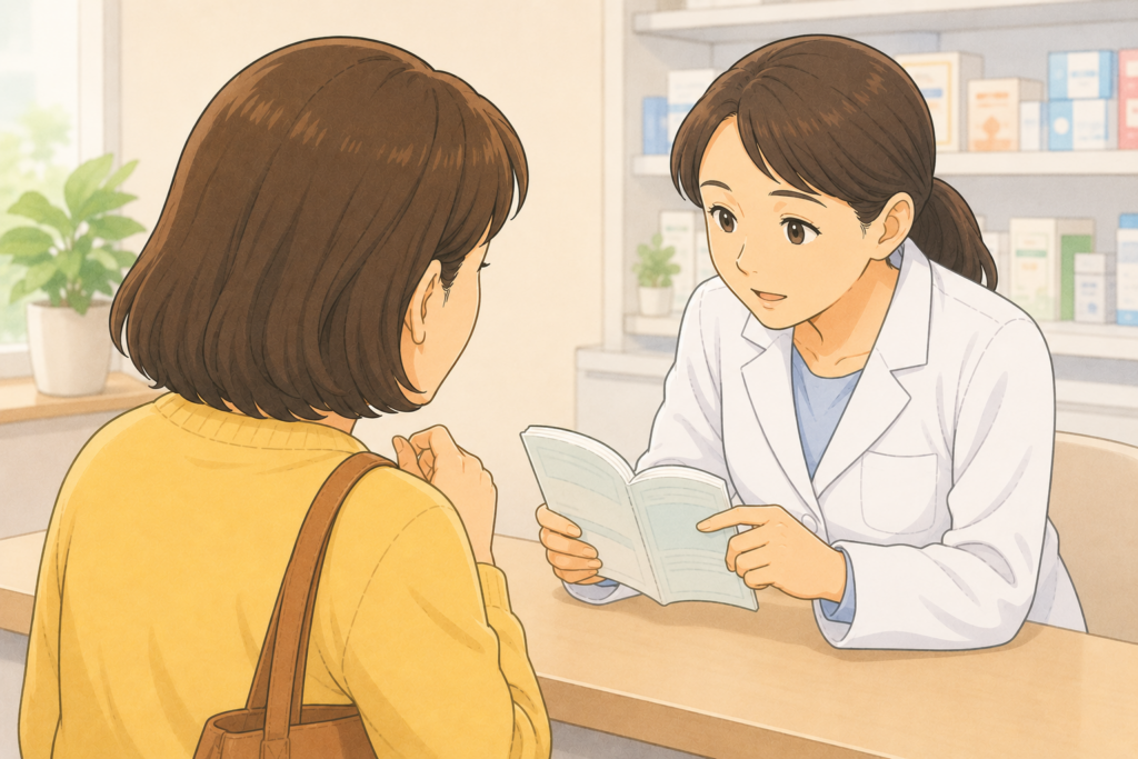 50代の家族の背後から白衣の薬剤師がお薬手帳を見ながら腎臓病・心疾患がある高齢者の下痢中の水分補給と市販薬の使い方を丁寧に相談している様子のイラスト