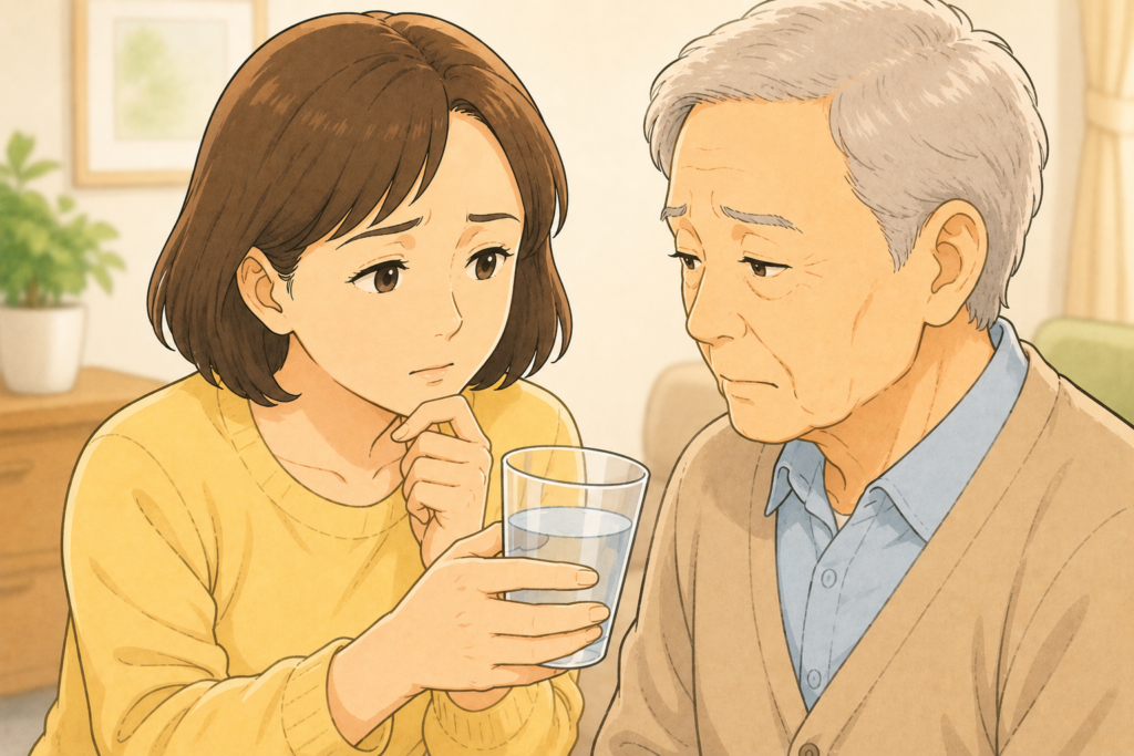 50代の家族が腎臓病か心疾患がある70代の高齢者に水分を渡す前に量を考えて慎重に様子を確認しているアップイラスト