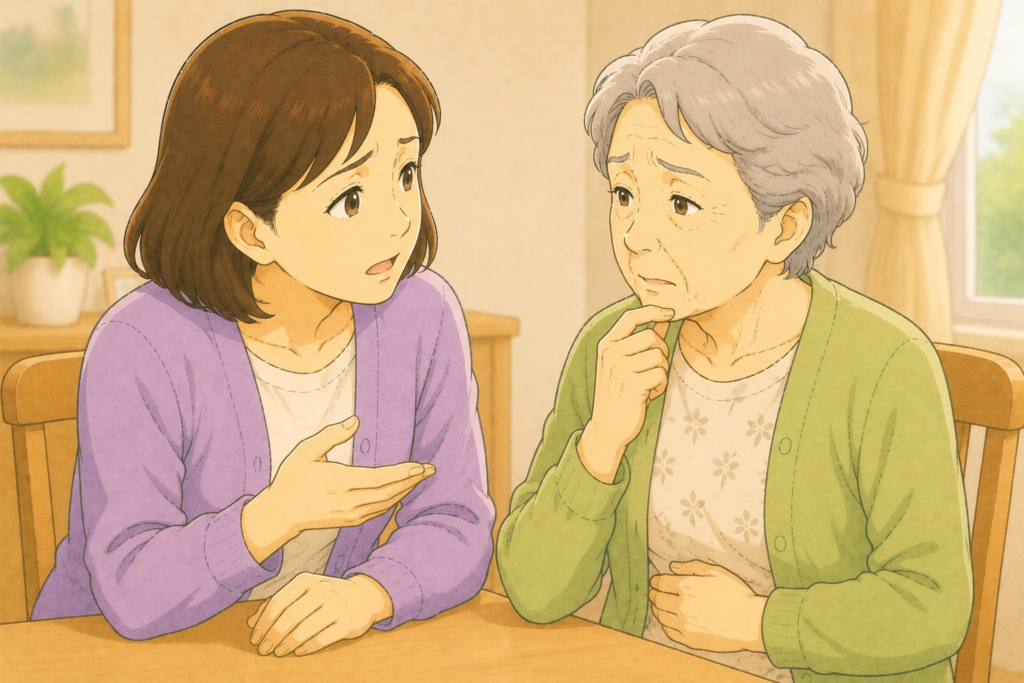 50代の家族が70代の高齢者にお腹の痛みや血便がないか確認しながら便秘薬を選ぶ前に症状をチェックしている様子のアップイラスト