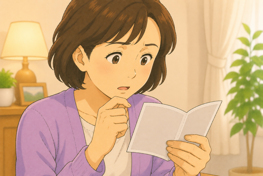 50代の家族がお薬手帳を確認しながらかぜ薬や花粉症薬にも睡眠改善薬と同じ抗ヒスタミン成分が含まれていることに気づいて驚いている様子のアップイラスト