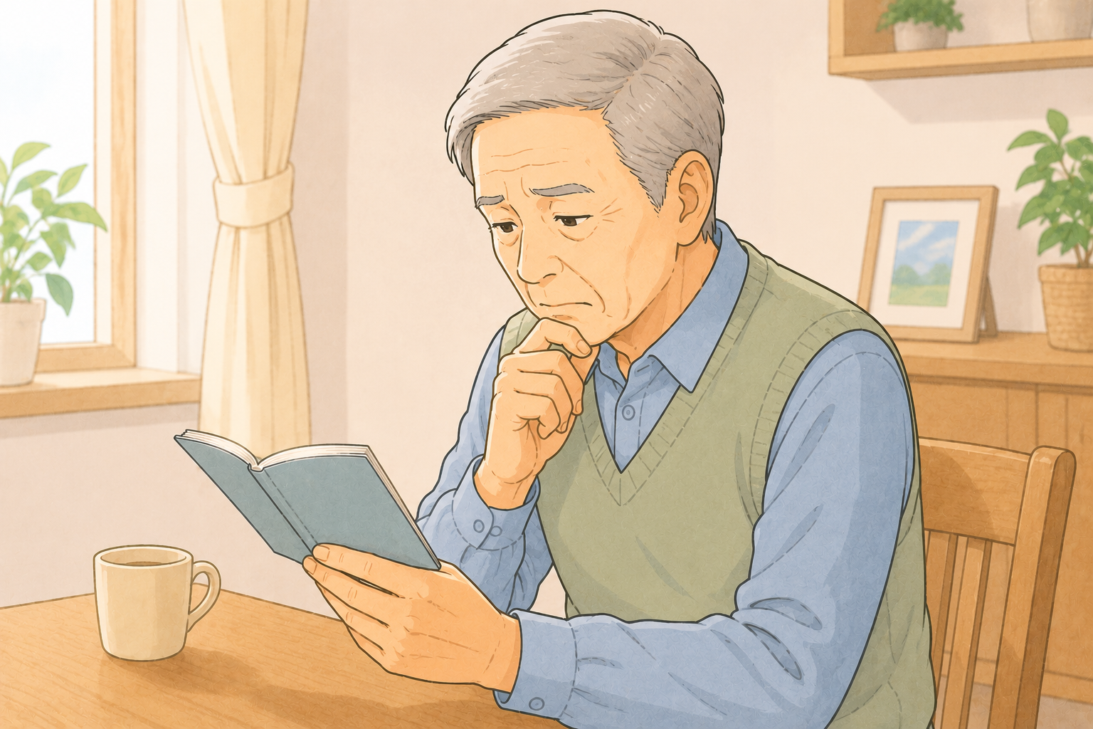 70代の高齢者が腎臓の持病とワーファリン服用を気にしながらお薬手帳を開いて頭痛薬を使っていいか確認している様子のイラスト
