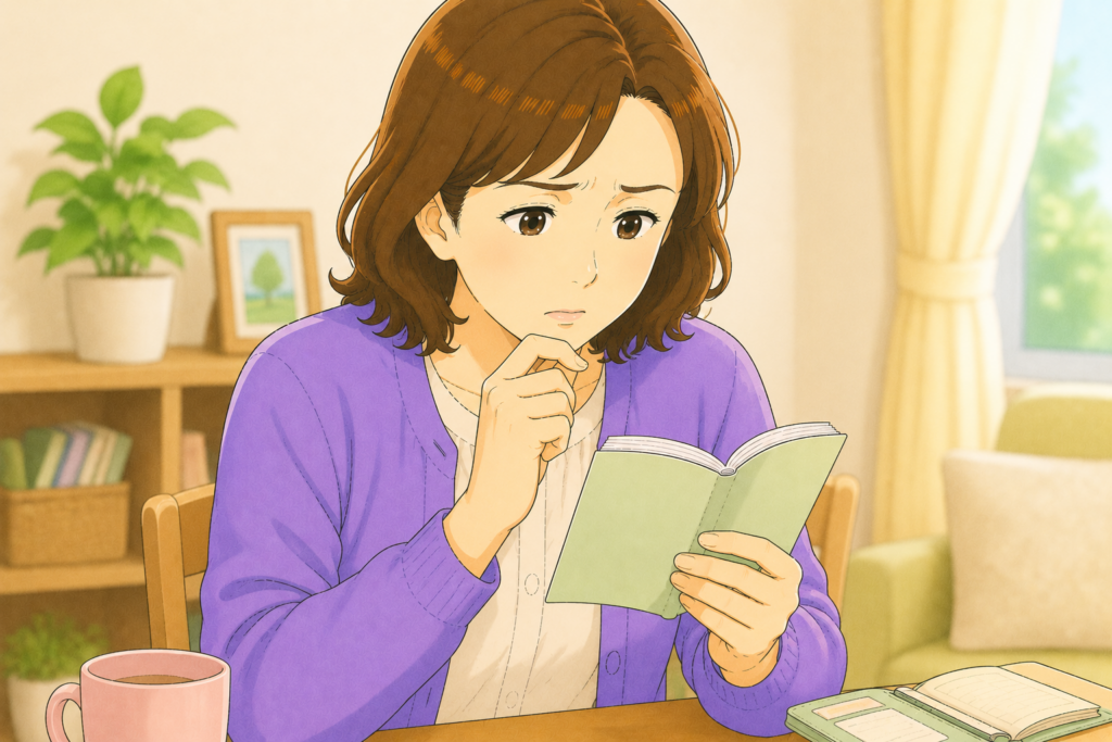 50代の家族がお薬手帳を確認しながら高齢の親が服用しているかぜ薬と解熱鎮痛薬の両方にアセトアミノフェンが含まれていないかを確認している様子のアップイラスト