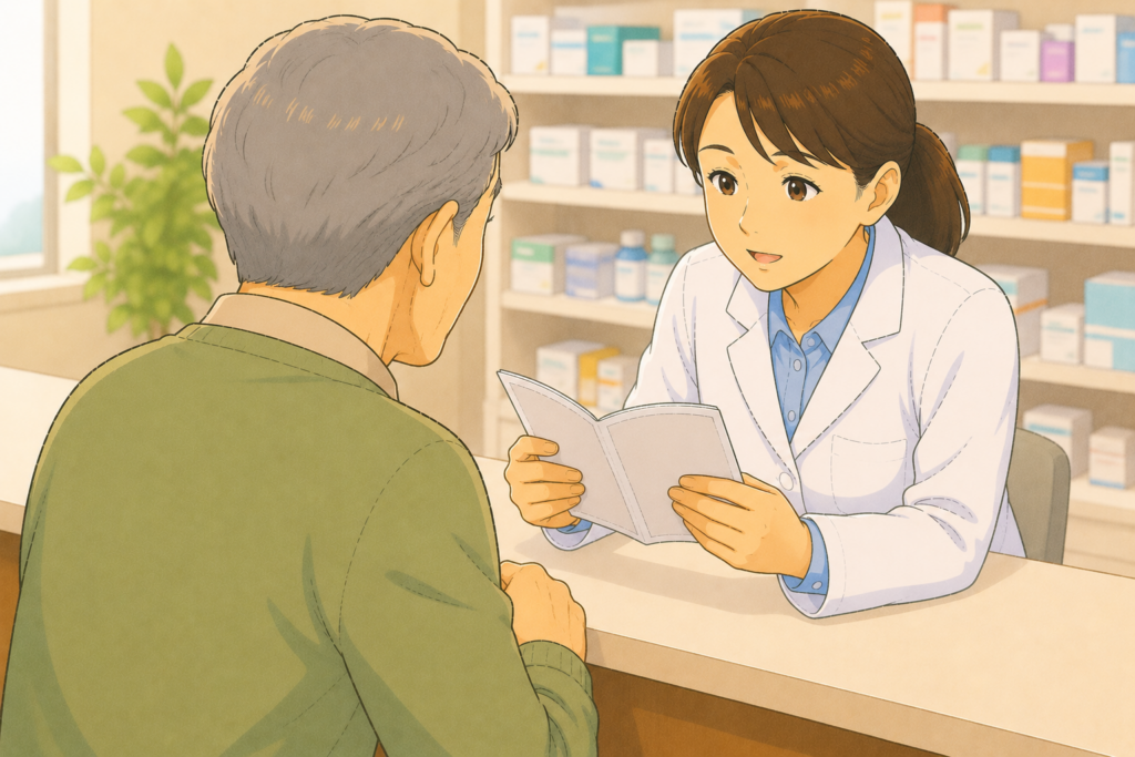 60〜70代の高齢者の背後から白衣の薬剤師がお薬手帳を確認しながら帯状疱疹ワクチンを接種できるか持病や服薬状況を踏まえて相談に応じている様子のイラスト