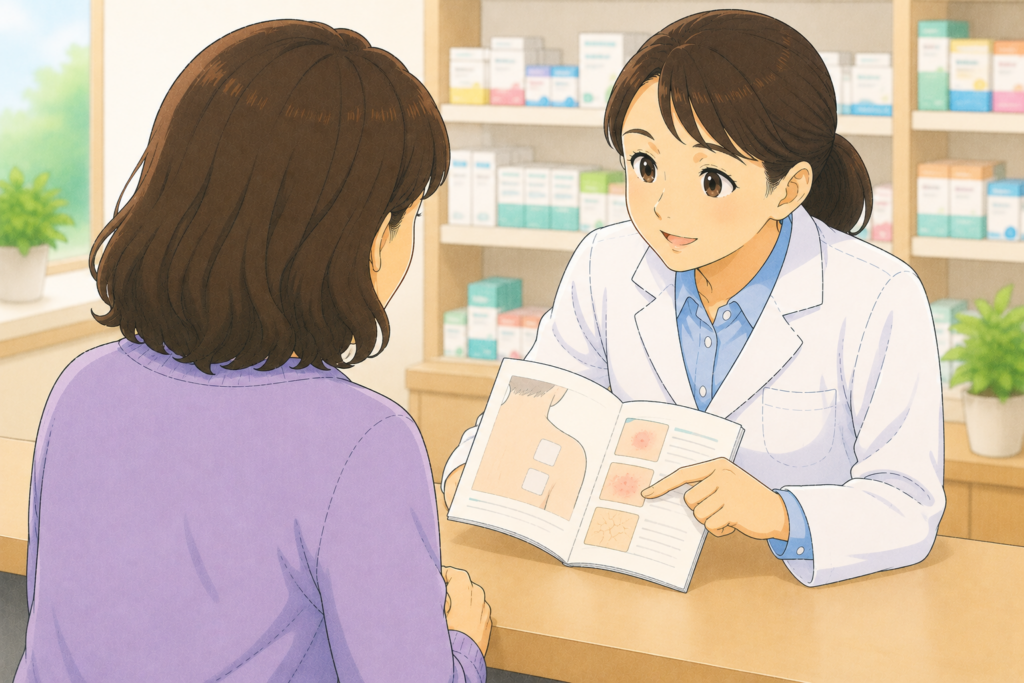 50代の家族の背後から白衣の薬剤師がお薬手帳を確認しながら高齢の親の湿布の位置と皮膚状態を踏まえて最適な虫よけを一緒に選んでいる様子のイラスト