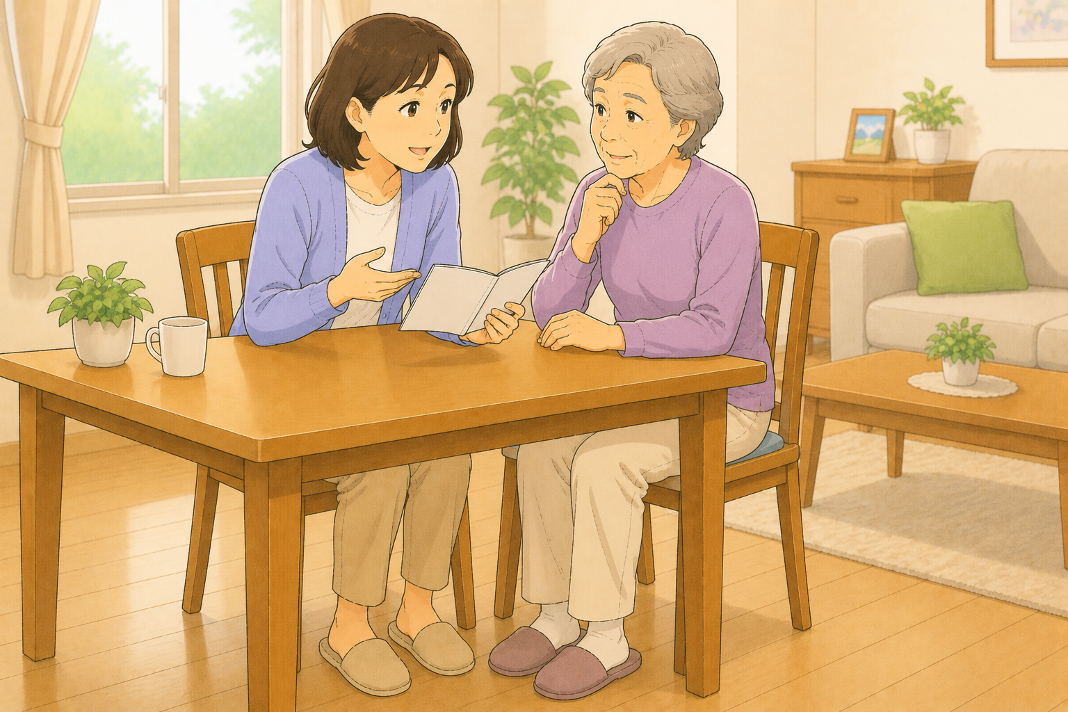 50代の家族が60〜70代の高齢の親のお薬手帳を確認しながら帯状疱疹ワクチンを接種する前に持病や服薬状況を丁寧に確認している全身のイラスト