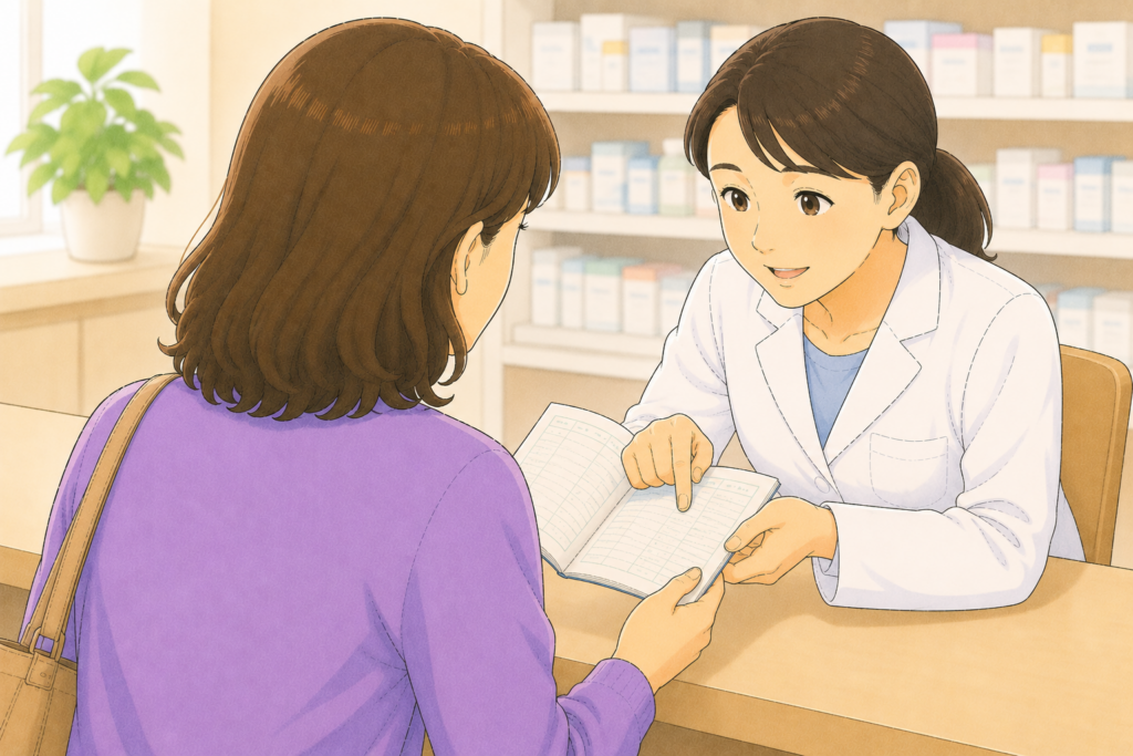 50代の家族の背後から白衣の薬剤師がお薬手帳を確認しながら処方薬の自己負担見直しを機に市販薬への切り替えが可能かを持病と服薬状況を踏まえて丁寧にアドバイスしている様子のイラスト
