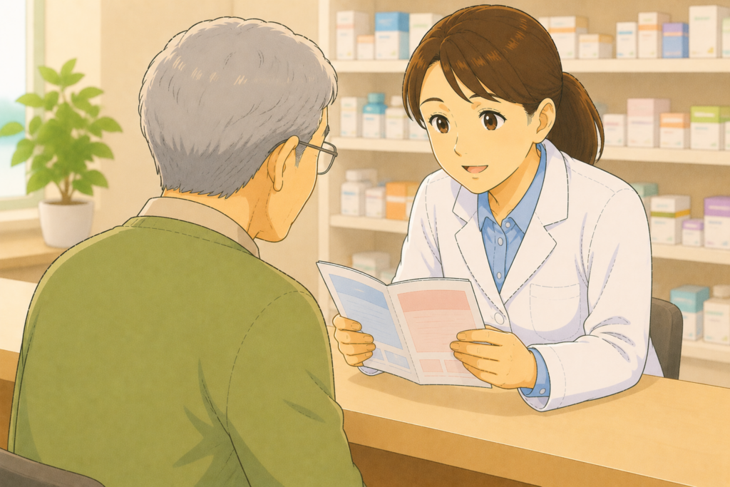 60〜70代の高齢者の背後から白衣の薬剤師がお薬手帳を確認しながらシングリックスかビケンか帯状疱疹ワクチンの選び方を丁寧にアドバイスしている様子のイラスト