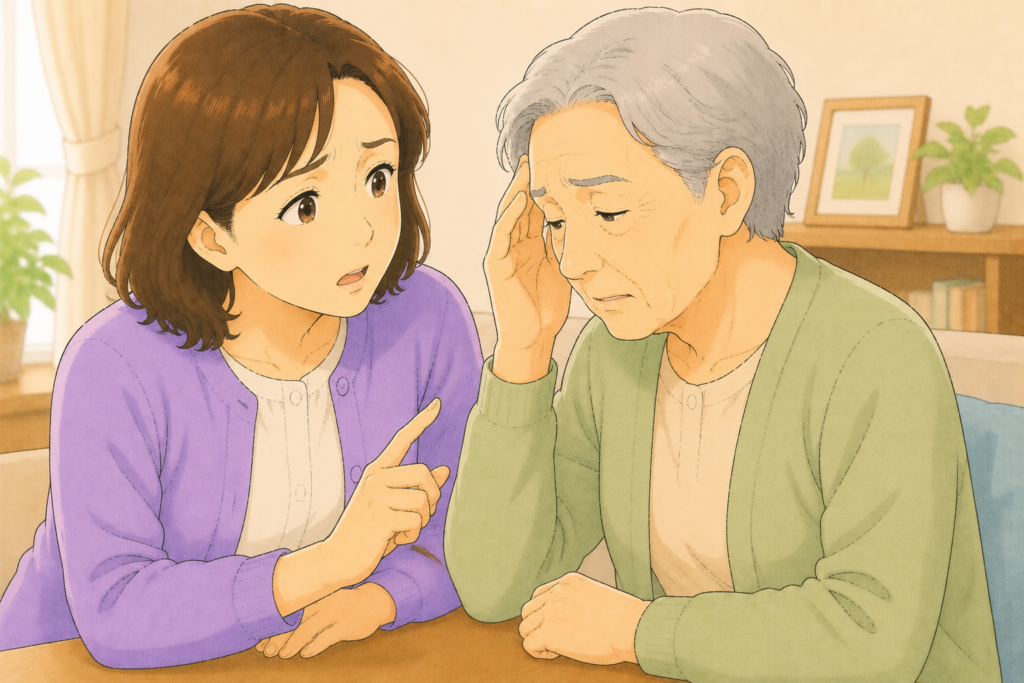 50代の家族が70代の高齢者に胃薬を買いに行く前に黒い便やふらつきなど受診が必要なサインがないか確認している様子のアップイラスト