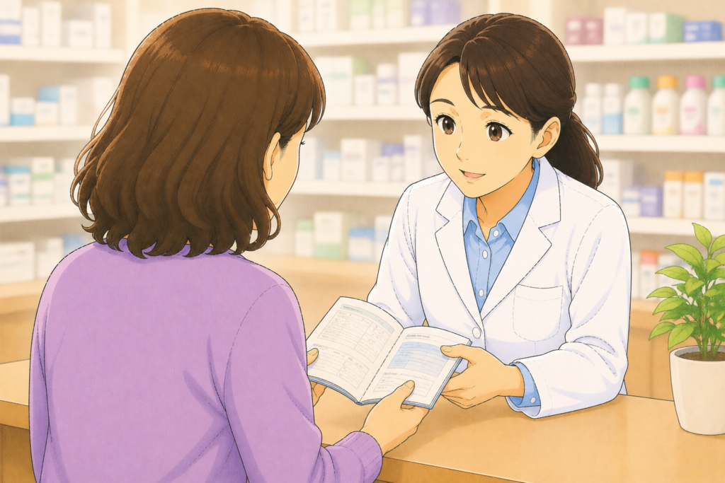 50代の家族の背後から白衣の薬剤師がお薬手帳を確認しながら糖尿病と腎機能低下がある高齢の親の乾燥肌ケアと受診が必要なサインについて丁寧に説明している様子のイラスト