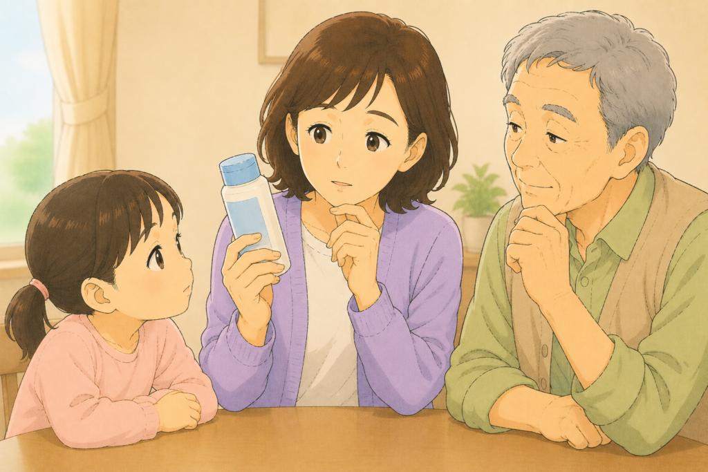 50代の家族が子どもと高齢の親の両方に同じ虫よけを使っていいか年齢制限や皮膚への影響を考えながら迷っている様子のアップイラスト