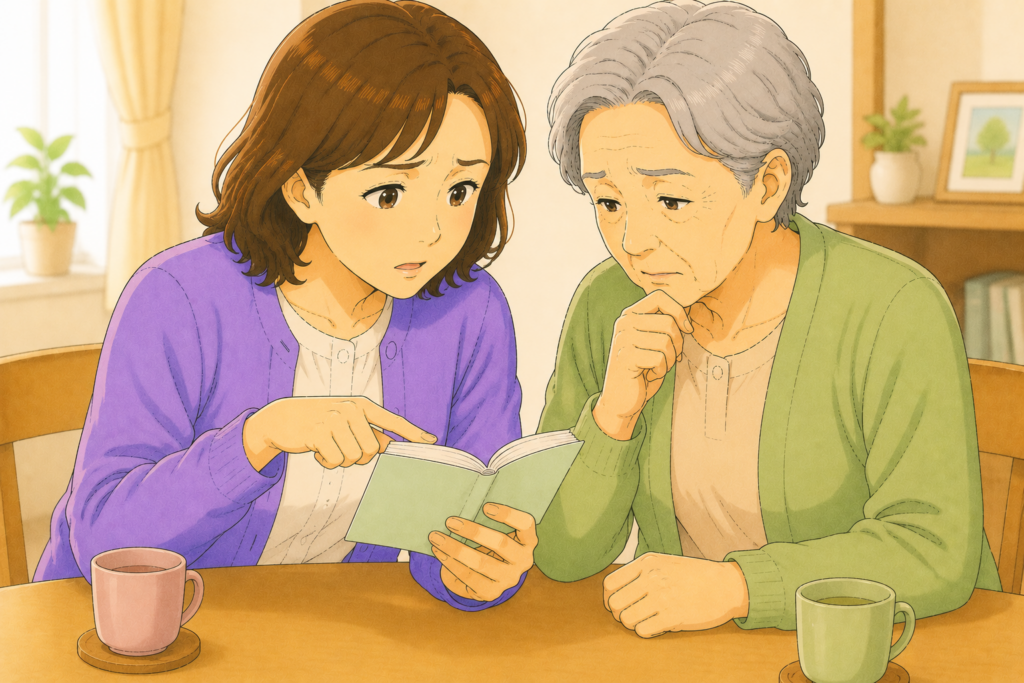 50代の家族が70代の高齢者のお薬手帳を開いて腎機能低下や抗凝固薬の服用が処方の痛み止めを市販薬に切り替える際の注意点になることを確認している様子のアップイラスト