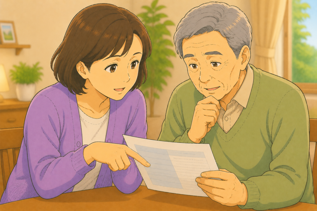 50代の家族が70代の高齢者に自治体の帯状疱疹ワクチン定期接種案内のどの年齢が対象になるかを指さしながら確認している様子のアップイラスト