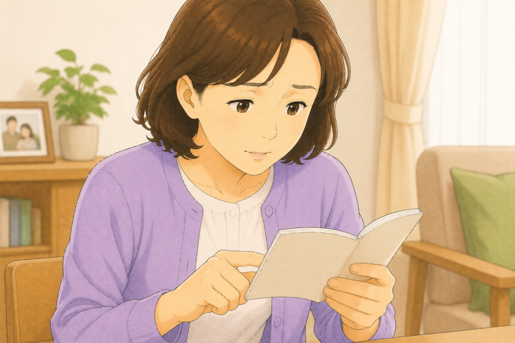 50代の家族がお薬手帳を開いて高齢の親が飲んでいる痛み止めや抗凝固薬が胃の不調の原因になっていないか確認している様子のアップイラスト